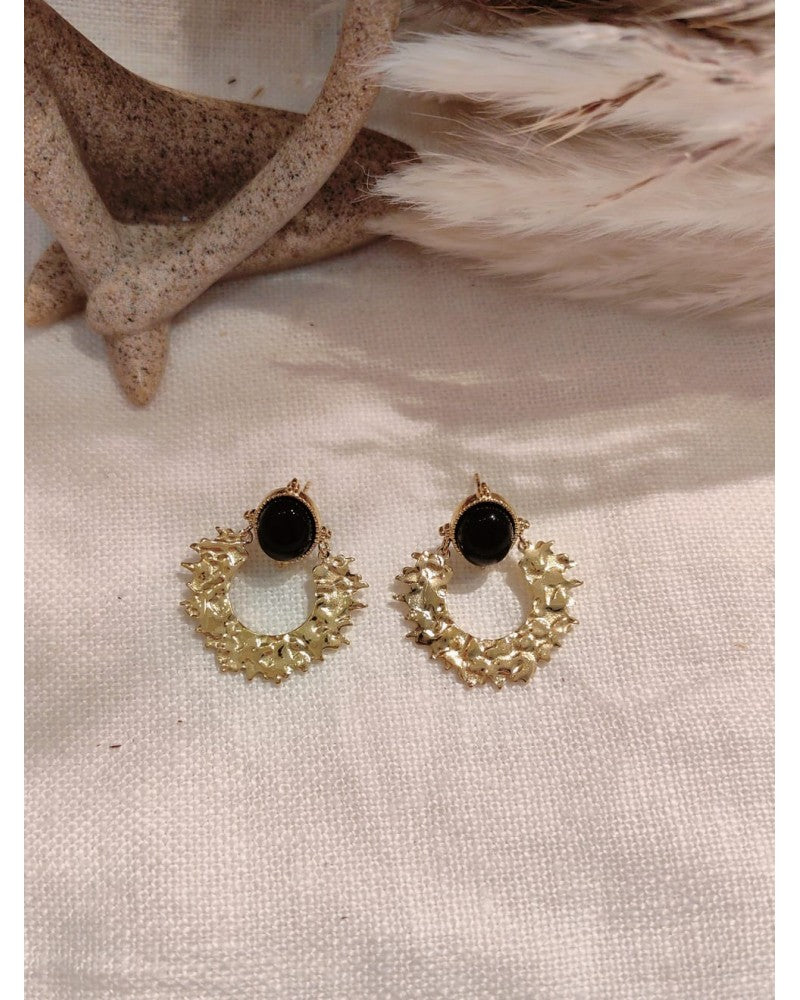 Milë Mila - Boucles d'oreilles dorées avec pierre noire