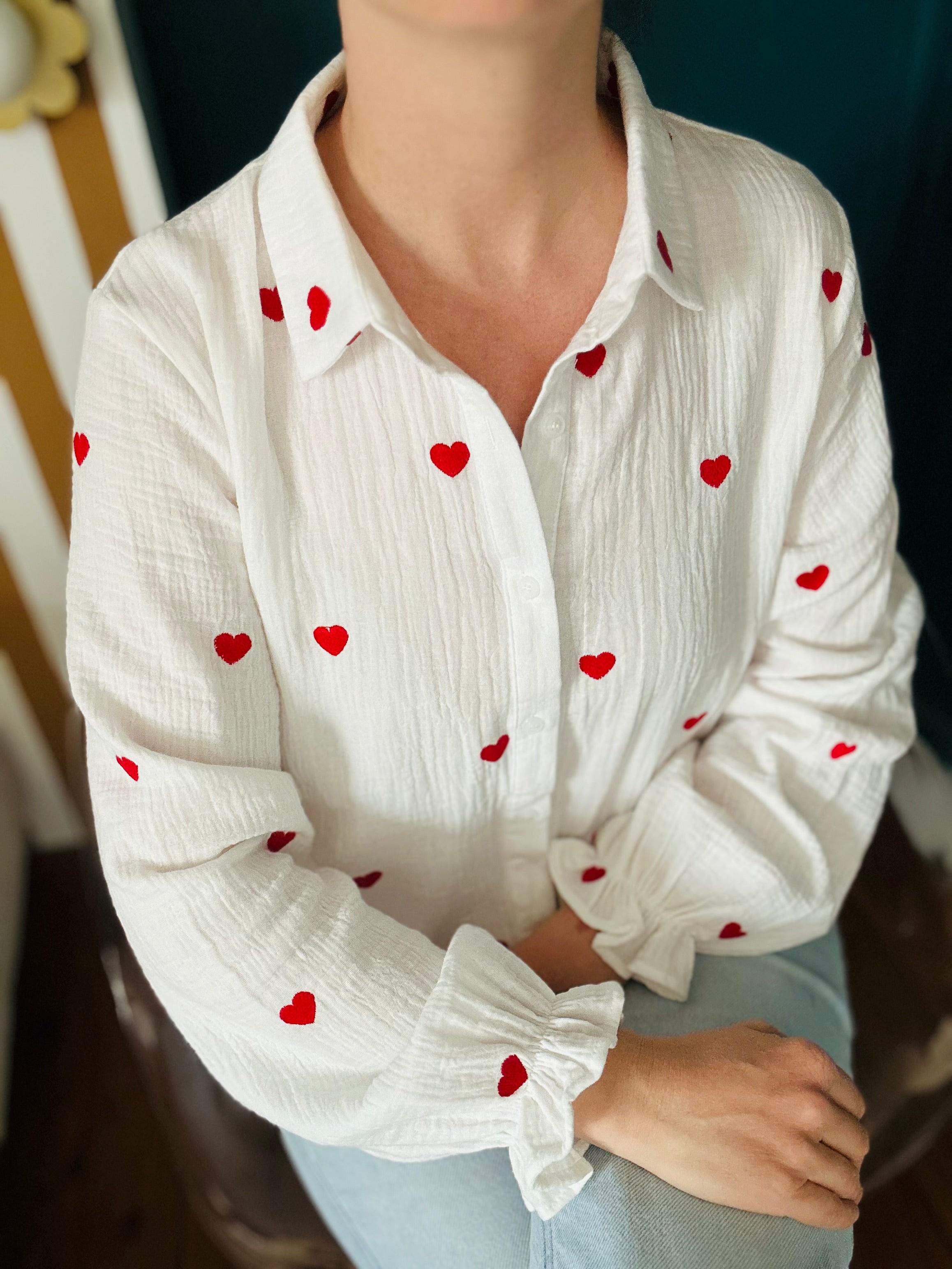 Chemise en gaze de coton - Coeurs rouges